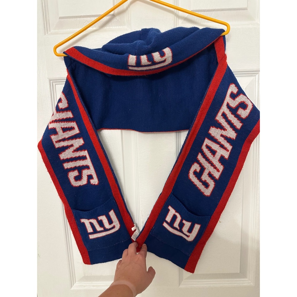 New York Giants NFL Hooded Knit Scarf with Pockets Blue Red White Fan Gear